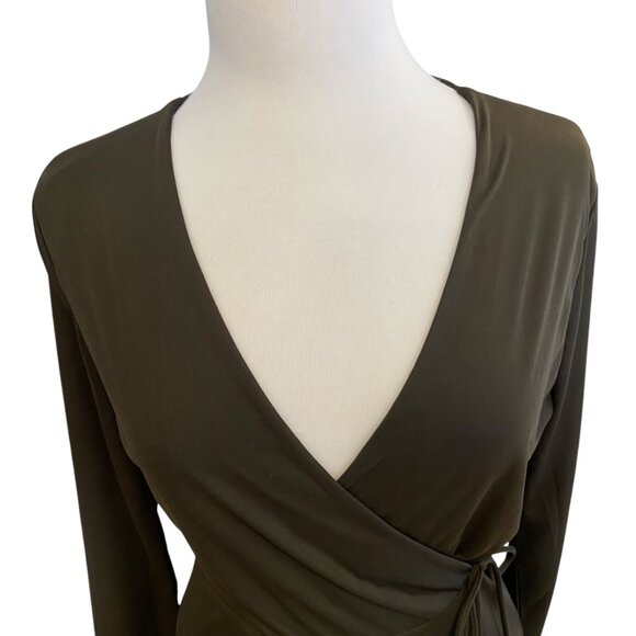 H&M NWT Maroon Brown Long-Sleeve Wrap Dress Silky Jersey Fabric Knee Length Wome - Picture 5 of 14